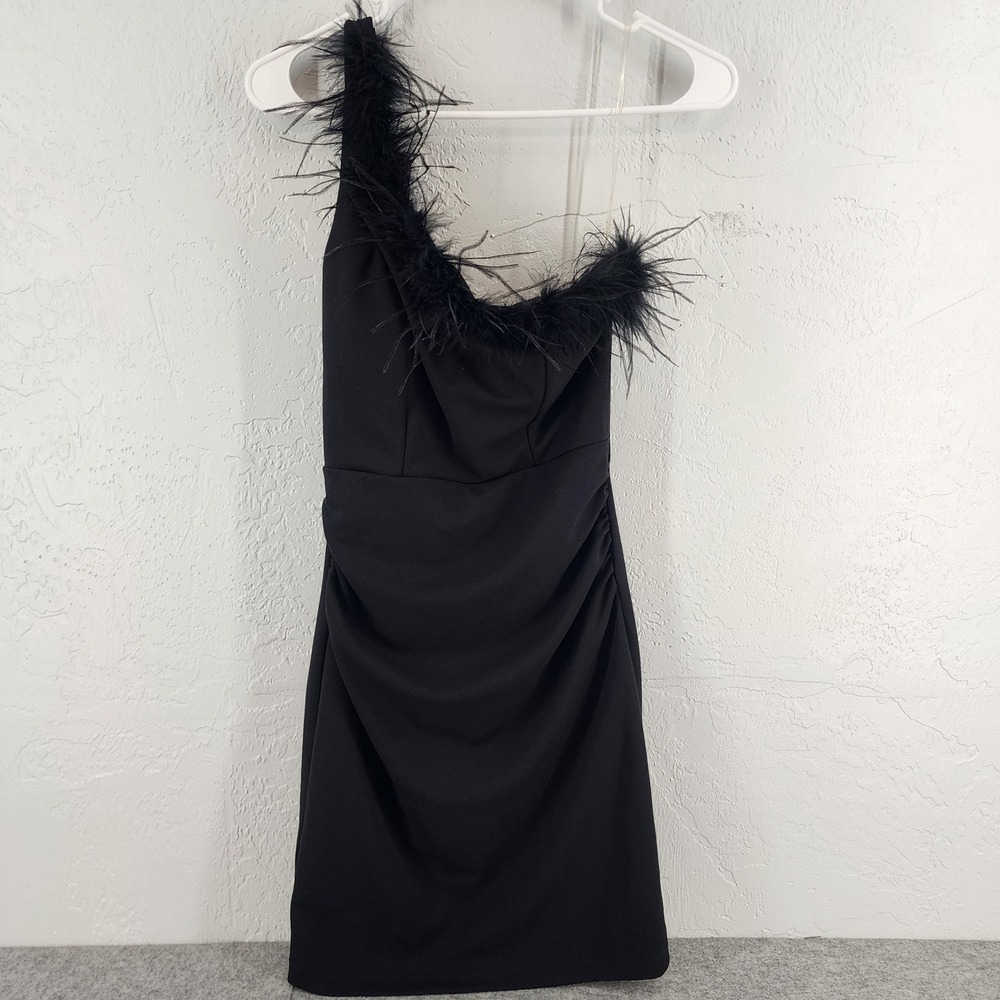 Emerald Sundae Black Feather One Shoulder Ruched Cocktail Dressβ Womens Small